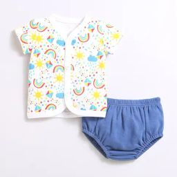 Nino Bambino Kids White & Dark Blue Printed Jhabla with Bloomers-picture-26