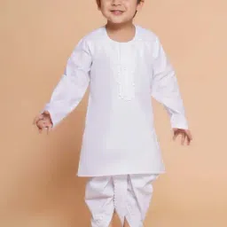AJ Dezines Kids White Cotton Embroidered Full Sleeves Kurta Set-image-65