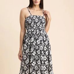 Moomaya Black & White Floral Print A Line Dress With Shrug-picture-21