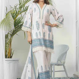 House of Pataudi Ethnic Motif Printed & Embroidered Cotton Kurta & Trousers With Dupatta image 2