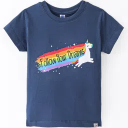 Teddy Sinker Cotton Knit Half Sleeves T-Shirt with Text & Unicorn Print - Navy Blue-picture-13