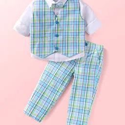 Babyhug Woven Full Sleeves Checkered 3 Piece Party Suit With Bow - Sea Green-picture-34