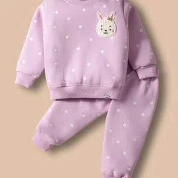 Teddy Fleece Knit Full Sleeves Winter Night Suit with Polka Dot with Bunny Applique - Lilac-image-98