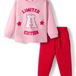 Babyhug Terry Knit Full Sleeves Top & Pant Set With Text Print - Pink & Red-picture-10
