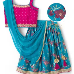 EARTHY TOUCH Woven Sleeveless Lehenga Choli & Dupatta Set with Floral Foil Print - Royal Blue & Pink-picture-24