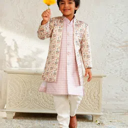 AJ Dezines Jacquard Woven Full Sleeves Elephant Printed Kurta & Pant With Sherwani Jacket Set - Pink-picture-19