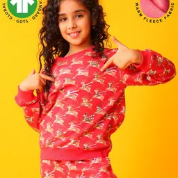 Anthrilo Christmas Theme Fleece Knit Full Sleeves Reindeer Printed Light Winter Sweatshirt - Red-picture-25