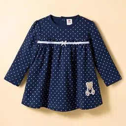 ToffyHouse Cotton Knit Full Sleeves Polka Dots Top With Teddy Patch & Headband & Striped Leggings Set - Navy image 2