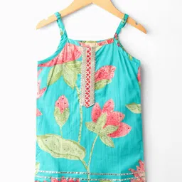 Saka Designs Cotton Woven Sleeveless Kurti Gharara Set with Floral Print & Lace Detailing - Aqua Blue image 2