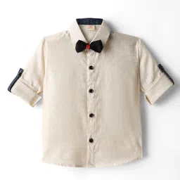 Rikidoos Full Sleeves Solid Shirt Pant With Bow & Suspender Set - Cream & Blue image 2