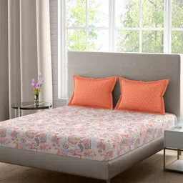 Portico White & Pink Ethnic Motifs 140 TC Queen Bedsheet with 2 Pillow Covers-image-33