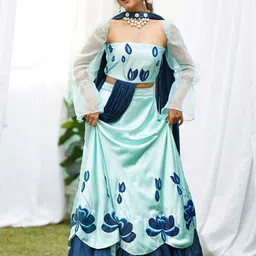 Thread & Button Printed Off-Shoulder Satin Ready to Wear Lehenga With Blouse & Dupatta image 3