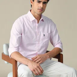 U.S. Polo Assn. Men Tailored Fit Vertical Striped Spread Collar Pure Cotton Casual Shirt image 5