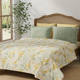 Layers Pure Nest Yellow & White Printed Pure Cotton 180 TC King Bedsheet Set 2.74 x 2.74 m-picture-16