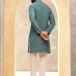 Anouk Teal Geometric Embroidered Sequinned Straight Pure Cotton Kurta With Pyjamas image 4