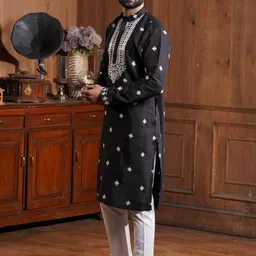 INDIROOP Floral Embroidered Cotton Silk Thread Work Kurta With Pyjamas image 4