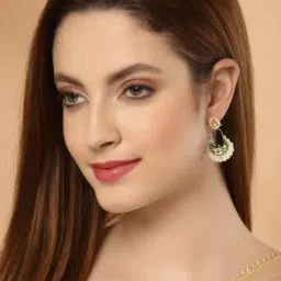 Dugran By Dugristyle Green & White Chand Bali Earrings with Kundan & Pearls for Women-picture-22