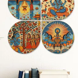 ArtVibes Set Of 4 Yellow & Blue Indian Festival Wooden Wall Decor-picture-39