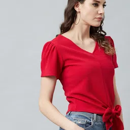 Athena Red Knotted Top With Puff Sleeves image 2