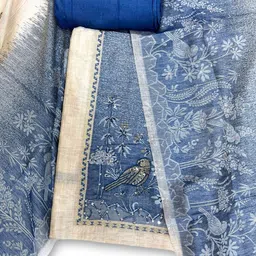 D tales Floral Embroidered Thread Work Linen Unstitched Dress Material-picture-56