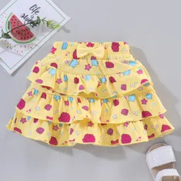 Babyhug Knee Length Frilled Cotton Skirt Star Print With Bow Applique - Yellow-picture-14