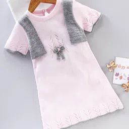 Babyhug Three Fourth Sleeves Color Block Woollen Dress With Bow Applique - Pink-picture-34