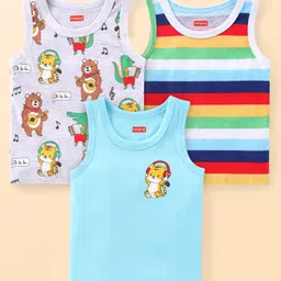 Babyhug 100% Cotton Sleeveless Antibacterial Sandos Striped & Cub Print Pack of 3 - White & Blue-picture-21