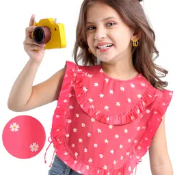 Babyhug Rayon Woven Sleeveless  Kaftan Top With Floral Print & Frill Detailing - Pink-image-2