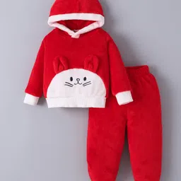 Kookie Kids Full Sleeves Hooded Winter Wear Suit With Animal Applique - Red & White-picture-38