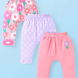 Babyhug Interlock Full Length Diaper Leggings With Floral Print Pack Of 3 - Pink & Lavender-picture-33