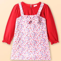 Babyhug Cotton Woven Floral Printed Frock With Full Sleeves Inner Tee - Red & White-image-54