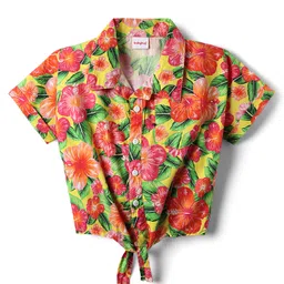 Babyhug Poplin Woven Half Sleeves Collared Knotted Top with Floral Print - Yellow-image-20