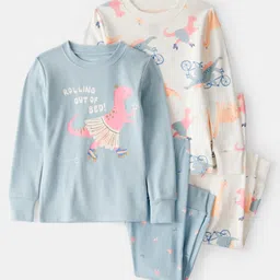 Carter's Knit Full Sleeves Co-ord Night Suits Set With Dino Print Pack of 2 - White & Light Blue-picture-15