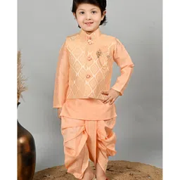 BT DEZINES Full Sleeves Damask Brocade Kurta Dhoti Set With Waistcoat - Peach-picture-11