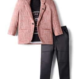 Dapper Dudes Culture Dept Authentic Design Text Printed Tee & Pant With Full Sleeves Textured Blazer Set - Brown-picture-34