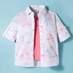 Rikidoos Full Sleeves Flamingo Printed Shirt With Attached Tee - White & Dusty Pink-picture-22