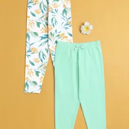 BUMZEE Cotton Knit Full Length Leggings With Leaves Floral Print & Bow Applique Pack of 2 - White & Light Green-picture-16