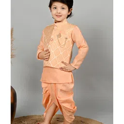 BT DEZINES Full Sleeves Damask Brocade Kurta Dhoti Set With Waistcoat - Peach image 4