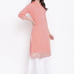 Kvsfab Women Peach-Coloured & White Self Design Kurta with Sharara image 5