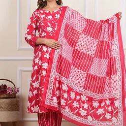 IKRASS Floral Printed Regular Pure Cotton Straight Kurta with Trousers & Dupatta image 1