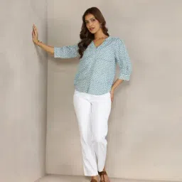 Fabindia White Cotton Printed Top image 5