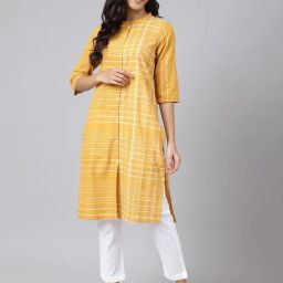 Aurelia Mustard Cotton Chequered Straight Kurta-picture-19