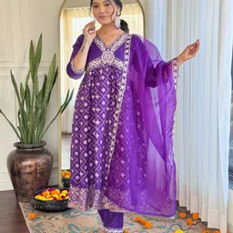 Growdamy Women Floral Printed Regular Thread Work Kurta with Trousers & With Dupatta-picture-25