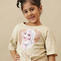 Kids Ville Girls Elsa Graphic Printed Round Neck Pure Cotton Oversized T-shirt-image-71