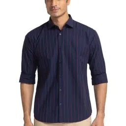 Park Avenue Navy Blue Cotton Slim Fit Striped Shirt-image-12
