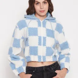 MADAME Light Blue Checks Crop Hoodie-image-32