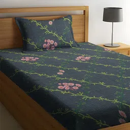 WEAVE AND DECOR Grey & Green Printed Pure Cotton 300 TC Single Bedsheet Set 1.52 x 2.28 m-picture-26