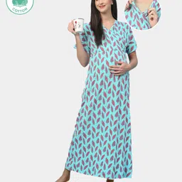 ECOMAMA Organic Cotton & Bamboo Antimicrobial Half Sleeves Maternity Nighty Leafy Print - Light Blue-picture-26
