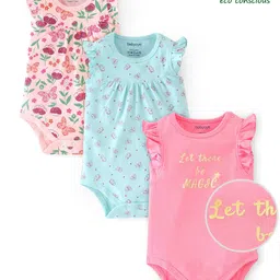 Babyoye Eco-Conscious 100% Cotton with Eco-Jiva Frill Sleeves Onesies Floral Print Pack of 3 - Pink Peach & Turquoise-image-7