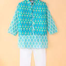 Teentaare Cotton Full Sleeves Kurta Pyjama Set with Jacket Floral & Leaf Print - Multicolour-picture-10